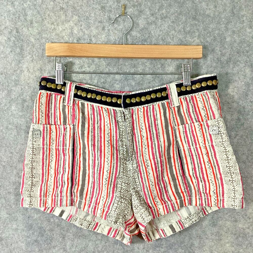 Free People Linen Studded Belt Boho Chic Low Rise Shorts Festival Size 8 Pockets